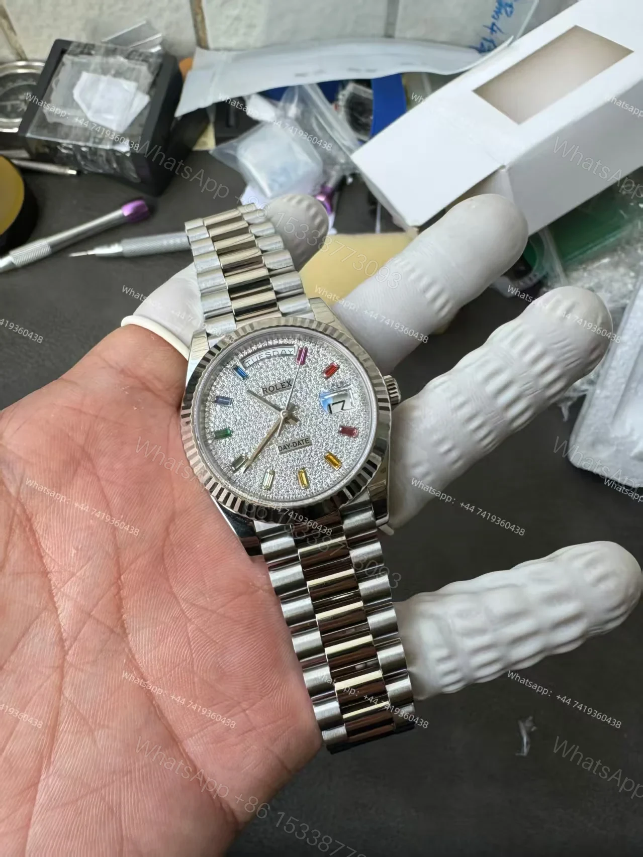 View 9 of Rolex Day-Date M128239-0019 1:1 Replica Moissanite Rainbow Diamond Dial 36MM 3255 Movement Presidential Bracelet Super Clone Watch
