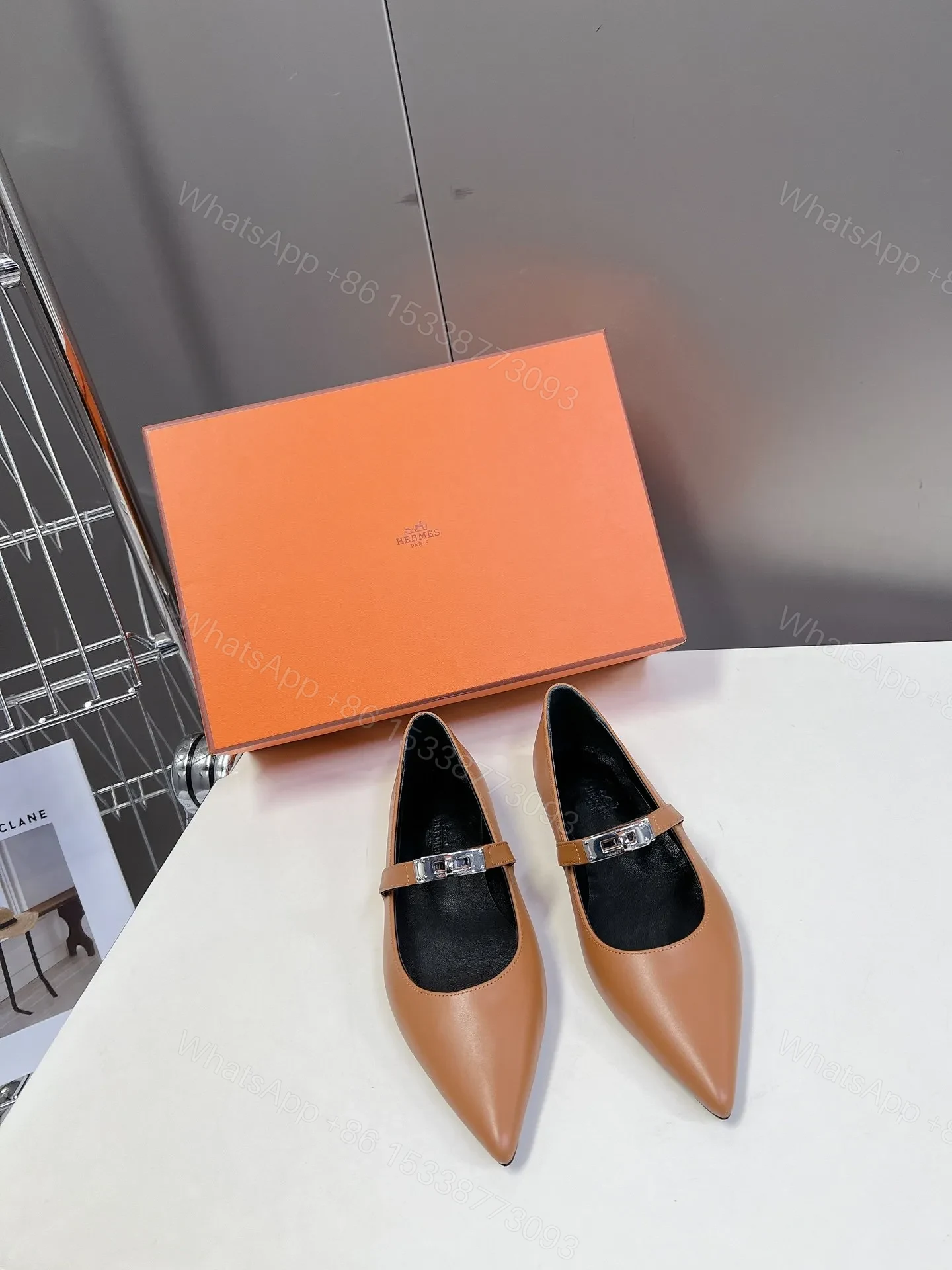 Hermes Women Tan Leather Pointed Toe Flats — view 1