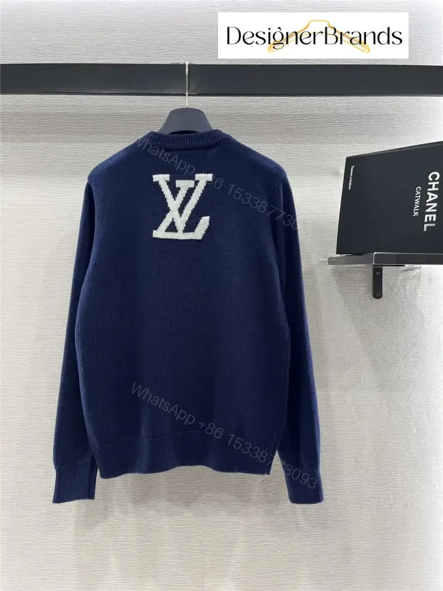 View 2 of Lux Navy Knit Crewneck with Bold Logo — Luxury Streetwear Sweater