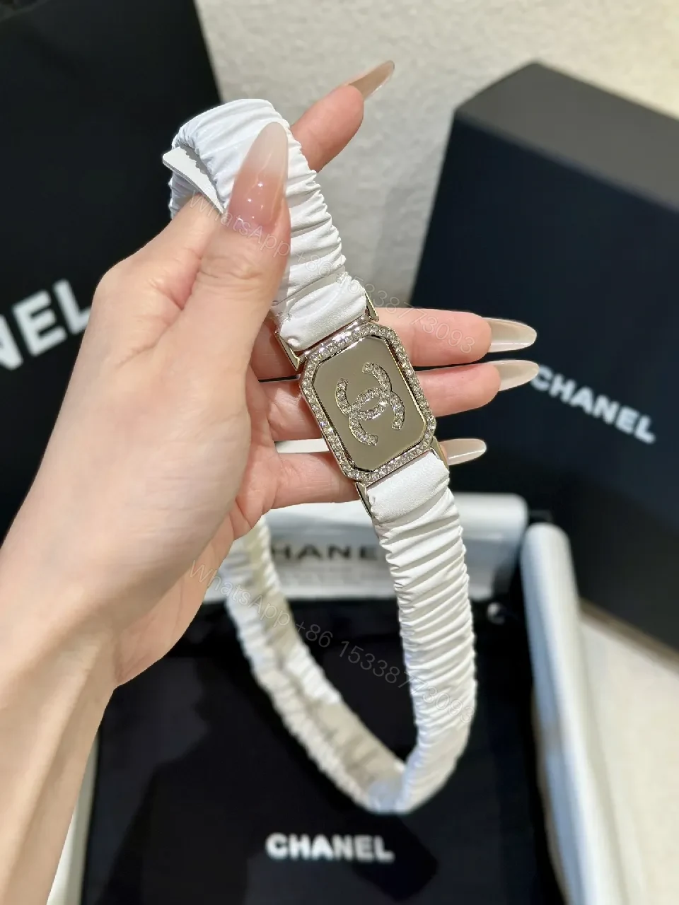 View 9 of Lux White Strap Belt-Style Watch: Pavé Logo Bezel