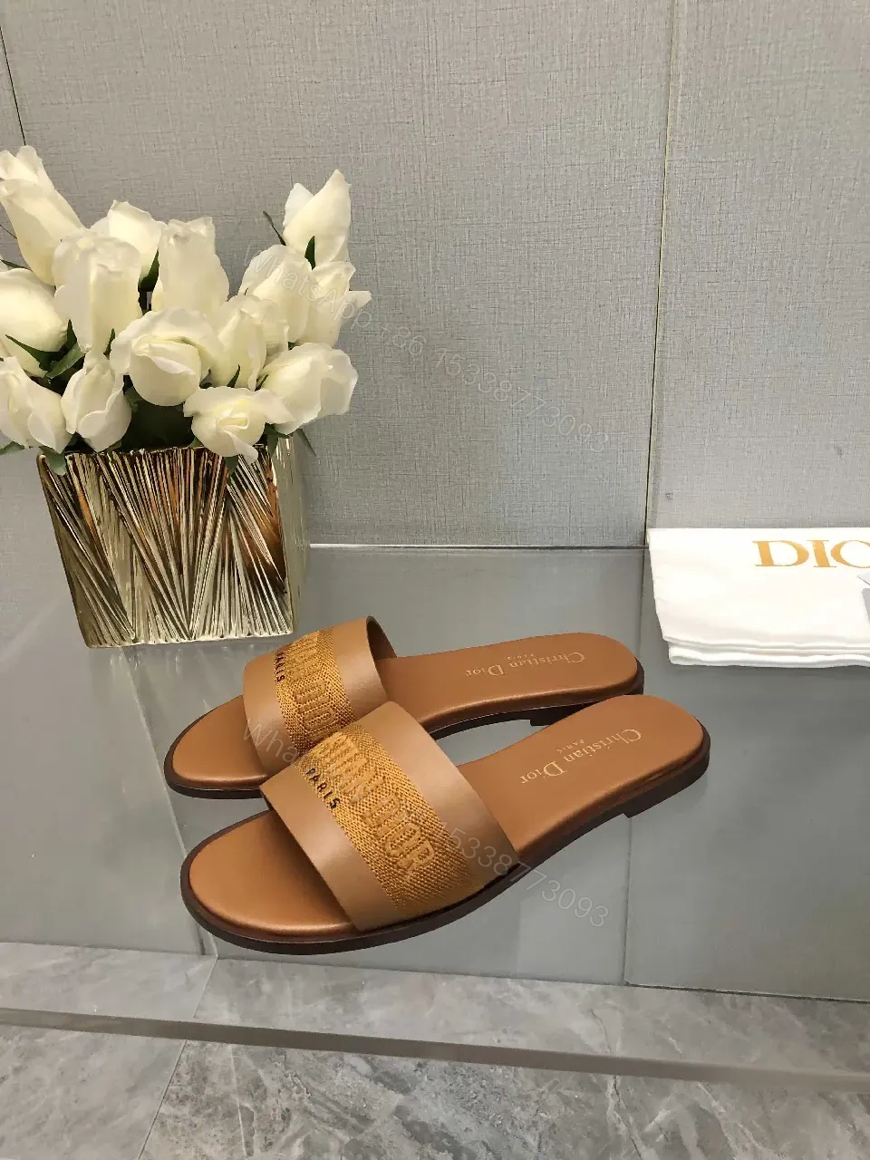 View 9 of Brown Leather Christian Dior Slides, Bold Logo Strap, Paris, Slide Sandals
