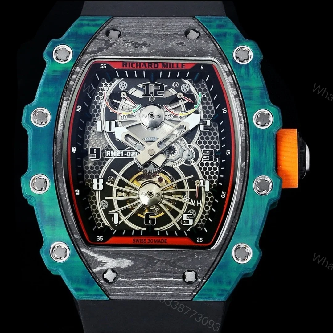 View 4 of Richard Mille RM21-01 Automatic Skeleton Watch 40MM Black Carbon Fiber Case Blue Bezel Premium Edition RM-RM21-01-BLK-CARBON-BLU-40