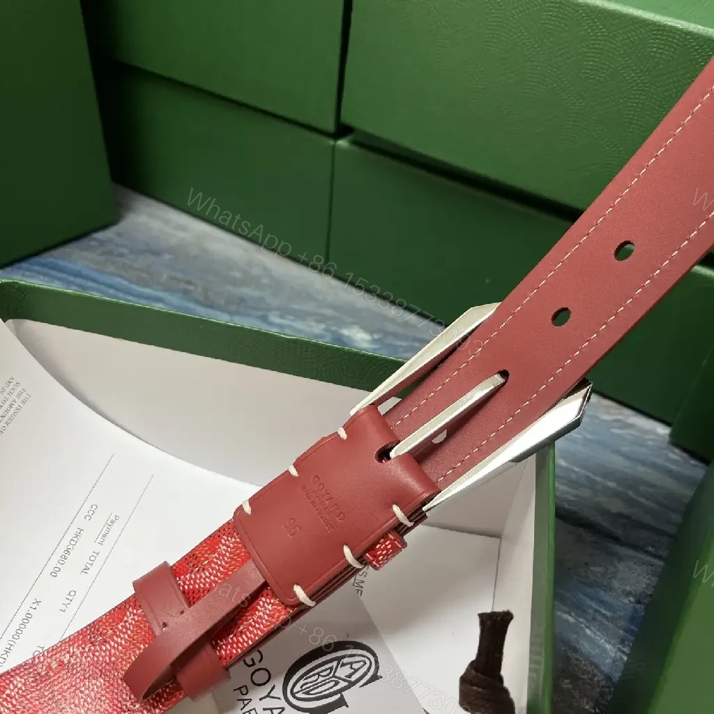 View 2 of Red Leather Belt with Signature Pattern Textile Buckle