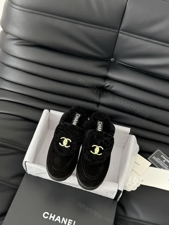 Velvet Trim Slippers - Chanel-Inspired, Gold Logo Slip-Ons — view 1
