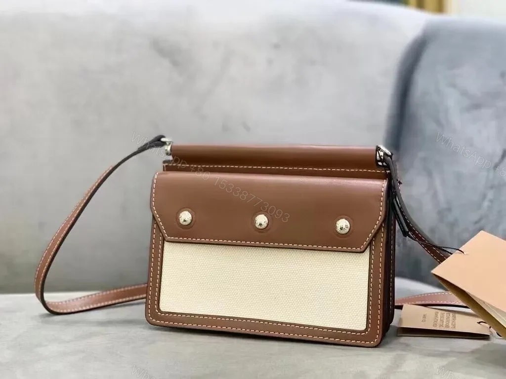 View 3 of Brown Leather Trim Canvas Crossbody â€” Structured, Versatile Luxe Bag