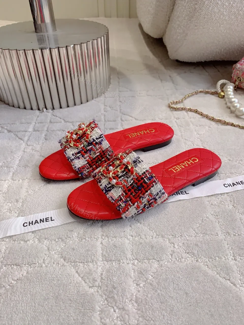 View 8 of Red Textured Slides with Logo Straps, Luxury Chic Slip-Ons