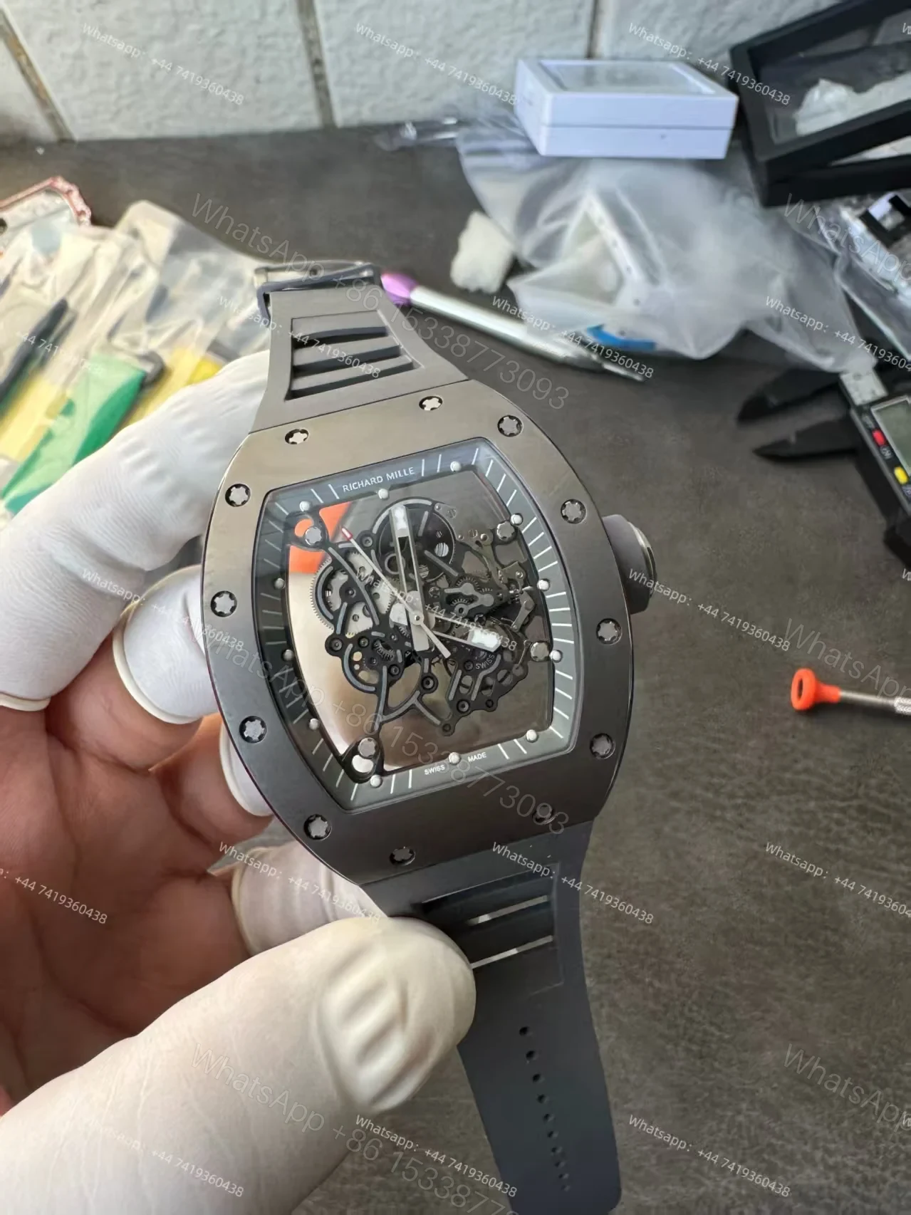 View 12 of Richard Mille RM 055 Grey Ceramic Vaucher Free-Sprung Grey Rubber Strap Custom Super Clone