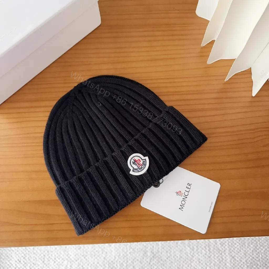View 9 of Compact Knit Beanie with Moncler Patch - Black, Ribbed Style, Warmth