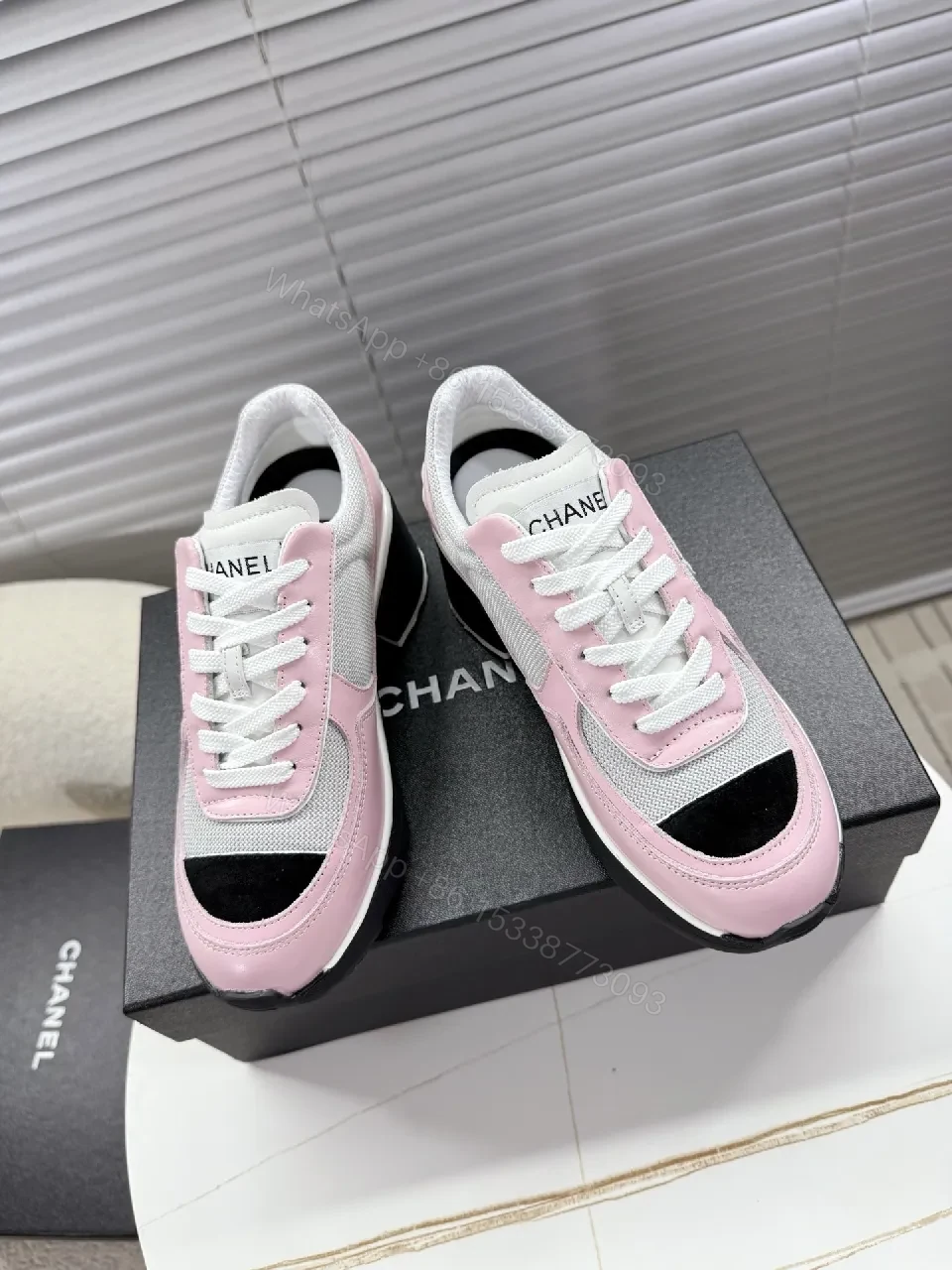 Pastel Pink Suede-White Mesh Sneaker with Black-Toe Cap — view 1