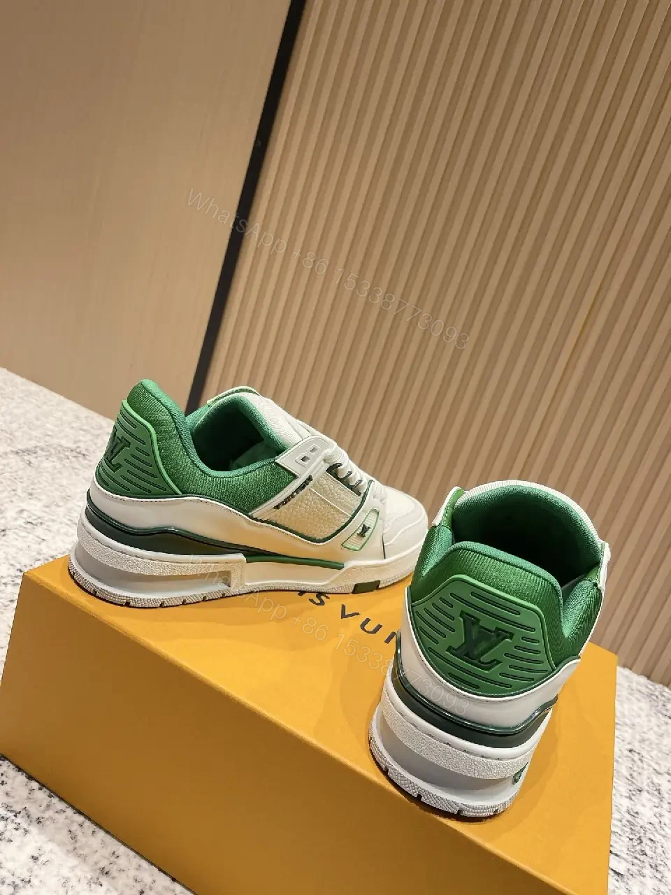 View 8 of White Leather Sneakers with Green Accents: Luxury Everyday Streetwear