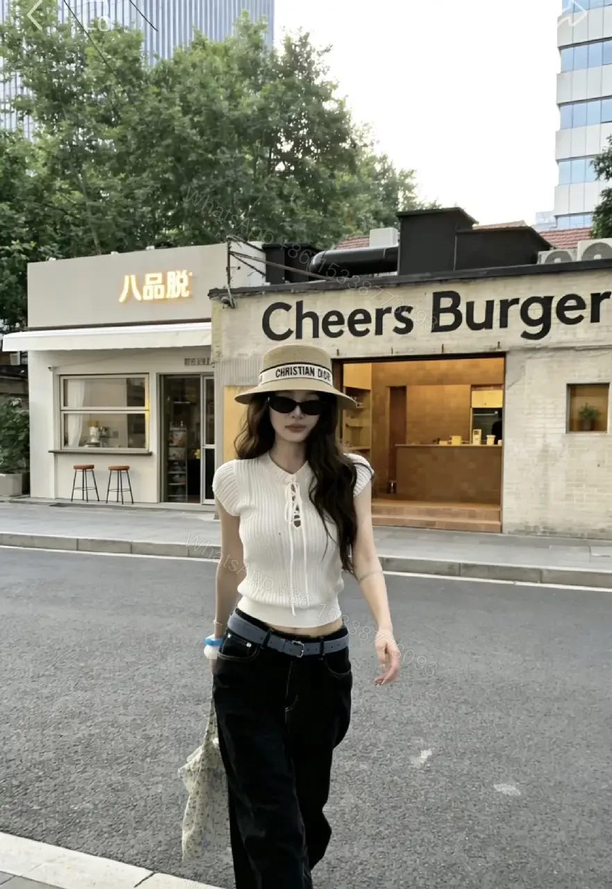 View 6 of Light Beige Straw Fedora Boater Hat with Black-White Band (Christian Dior)