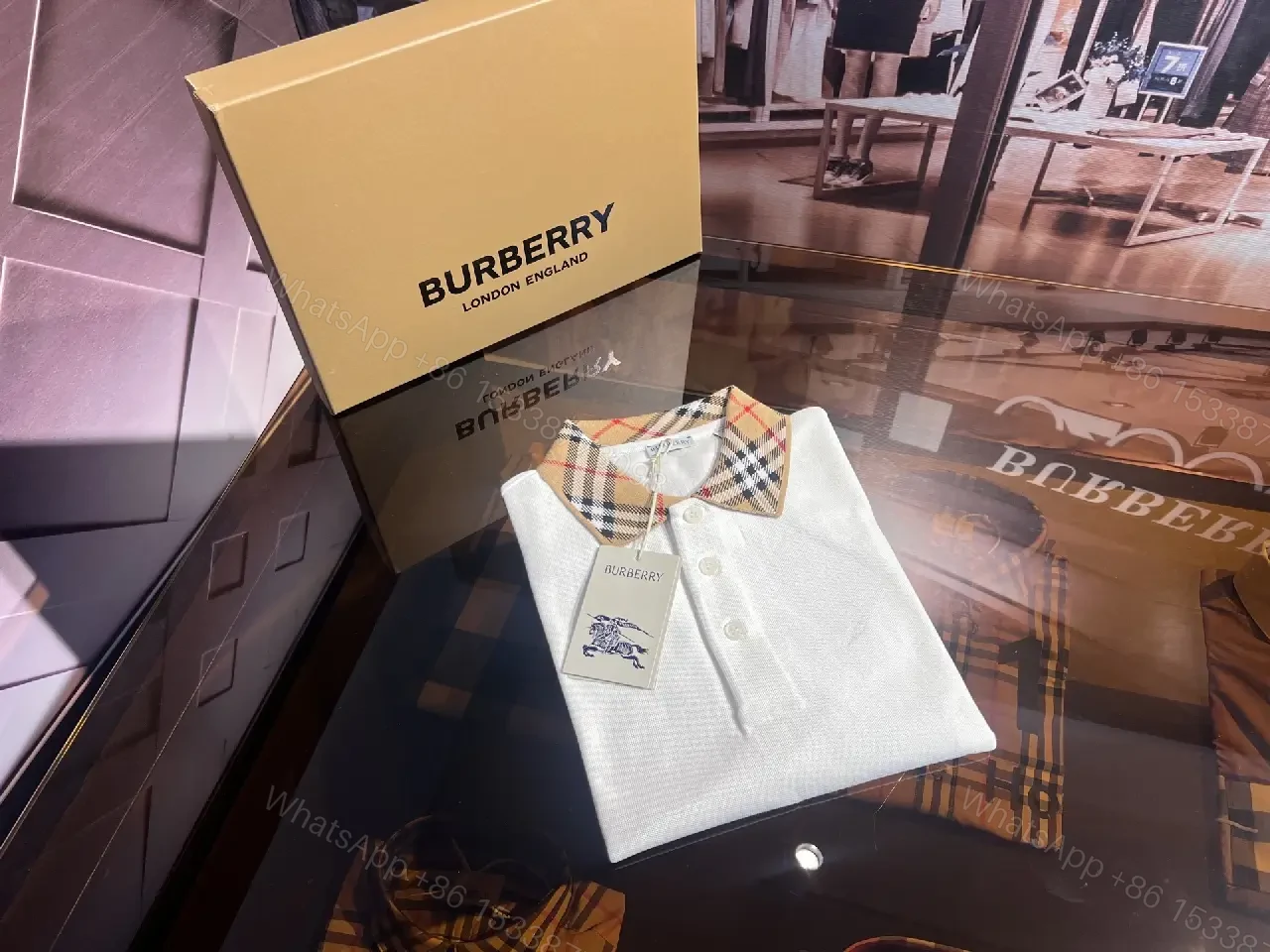 View 3 of White Piqué Polo with Signature Check Collar - Contemporary Luxury