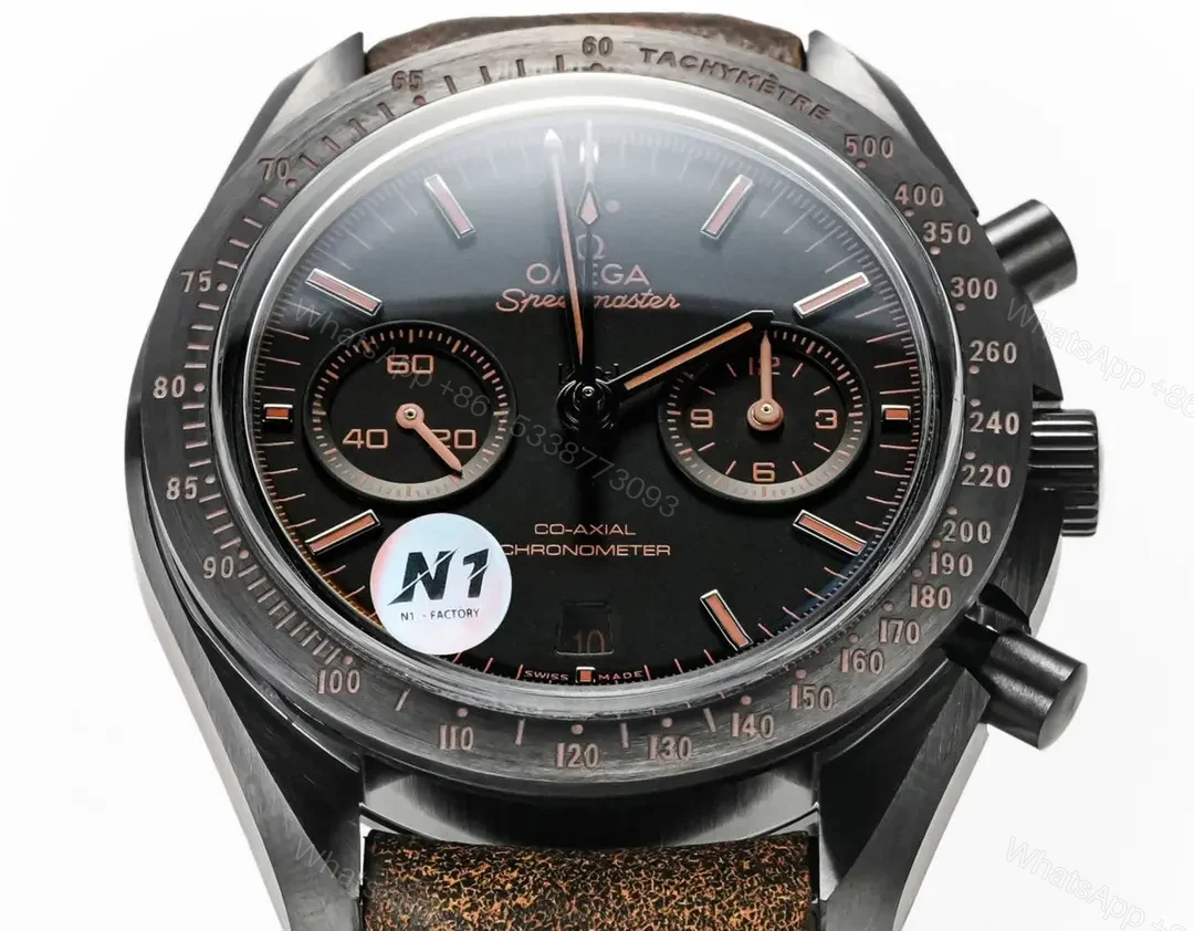 View 5 of Omega Speedmaster Dark Side of the Moon Black Ceramic Chronograph with Brown Leather Strap