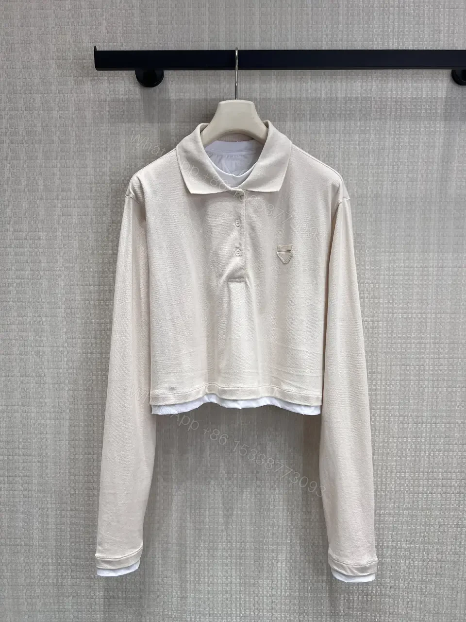 View 5 of Off-White/Cream Knit Cropped Polo Shirt with Ribbed Trim and Logo