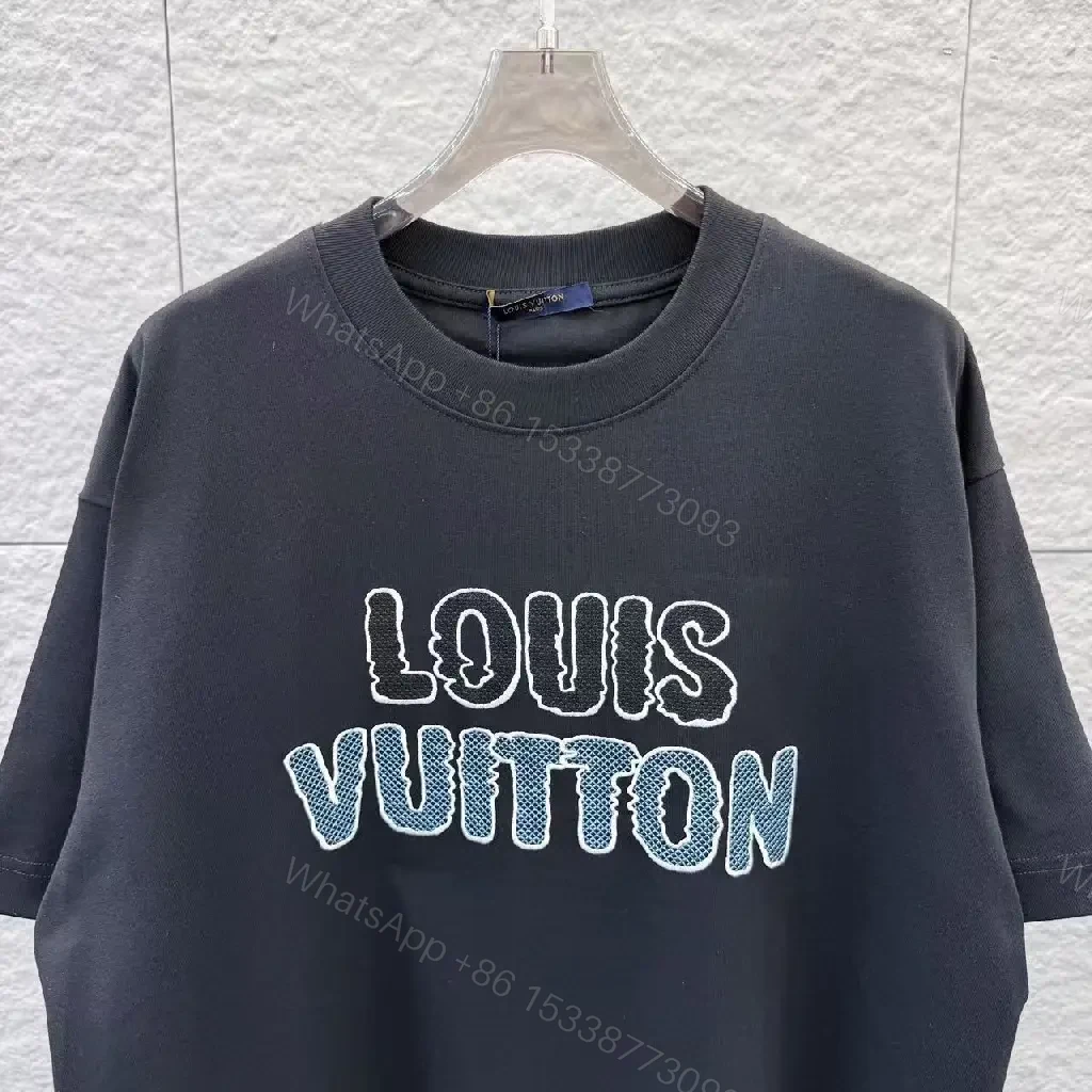 View 3 of Black Cotton Oversized Tee with LV Logo Embroidery