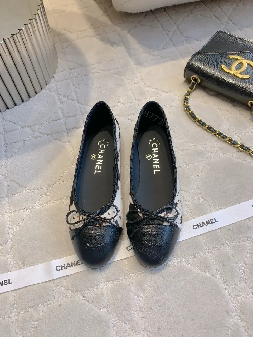 View 8 of Navy Leather Bicolor Ballet Flats with Leopard Panels, Comfort