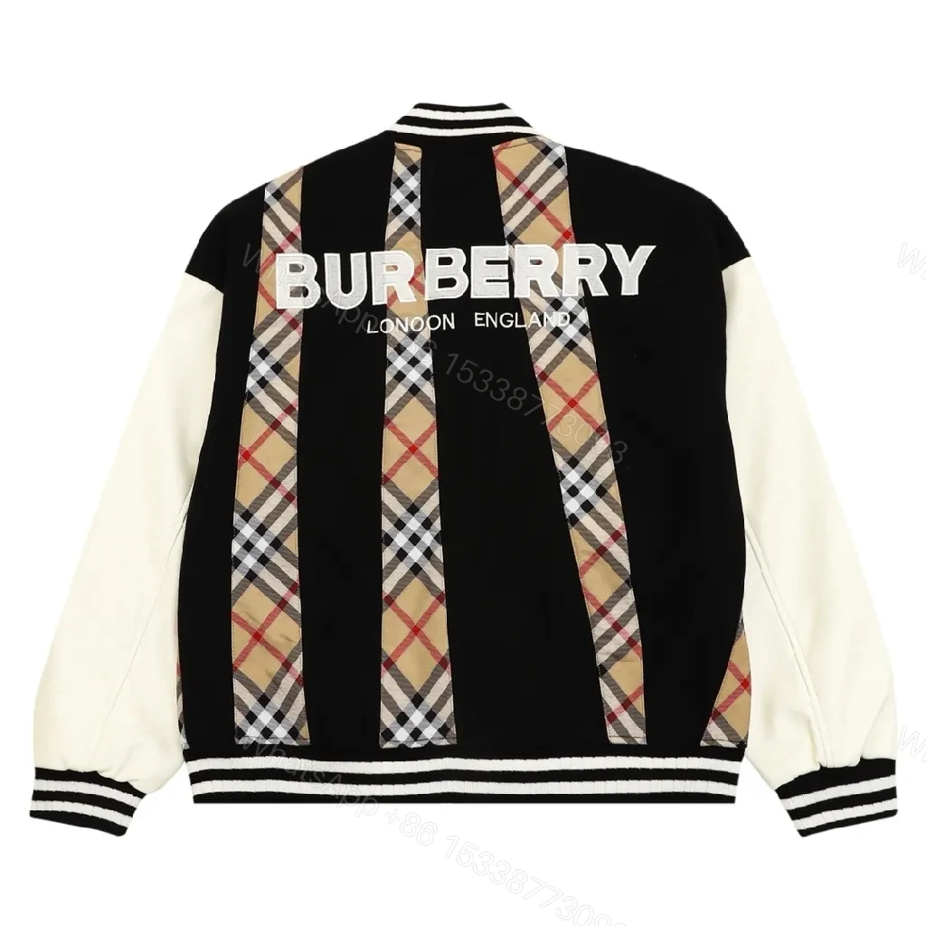 View 6 of Bold Plaid-Panel Varsity Bomber Jacket