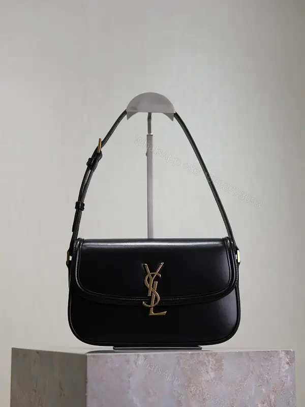 Compact Black Leather Shoulder Bag with Gold Hardware — view 1