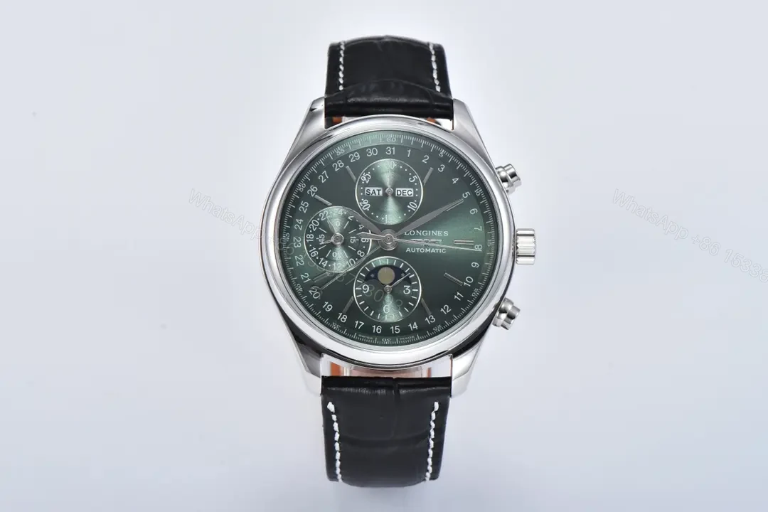Longines Master Collection Moon Phase Chronograph Watch Silver Case Black Leather Strap Green Dial Classic Elegant Style — view 1