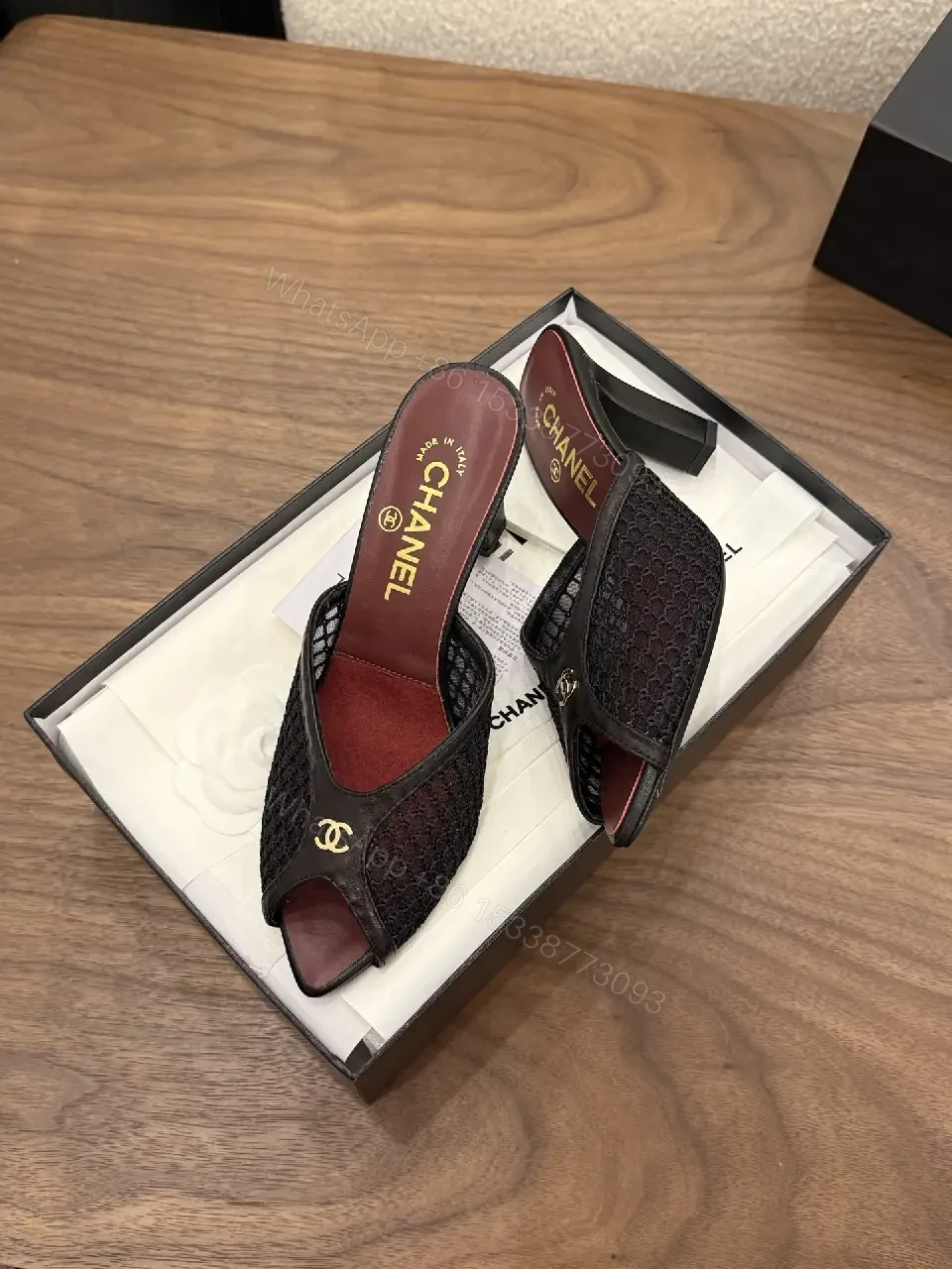 View 7 of Black Mesh Leather Mule Chanel Style Heels