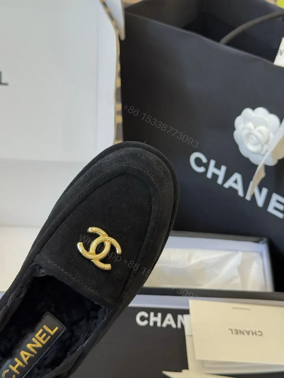 View 3 of Velvet Black Loafers with Gold Logo - Luxe Silhouette