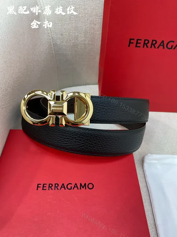 View 3 of Bold Texture Black Leather Belt with Gold Ferragamo Hardware