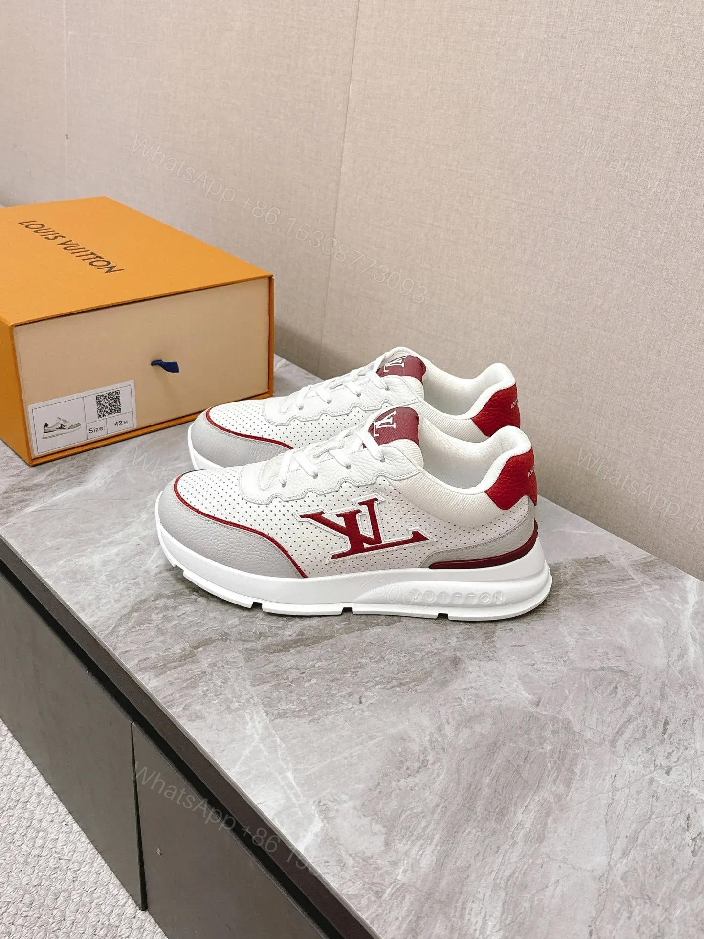 View 5 of LV Women White Leather Red Accent Sneakers
