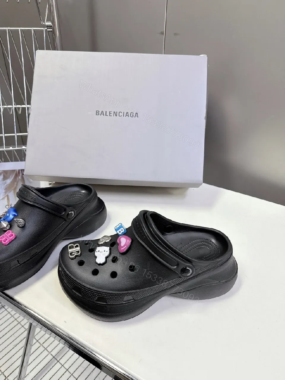 View 5 of Bold Black Faux Leather Clogs with Enamel Charms, All-Day Comfort