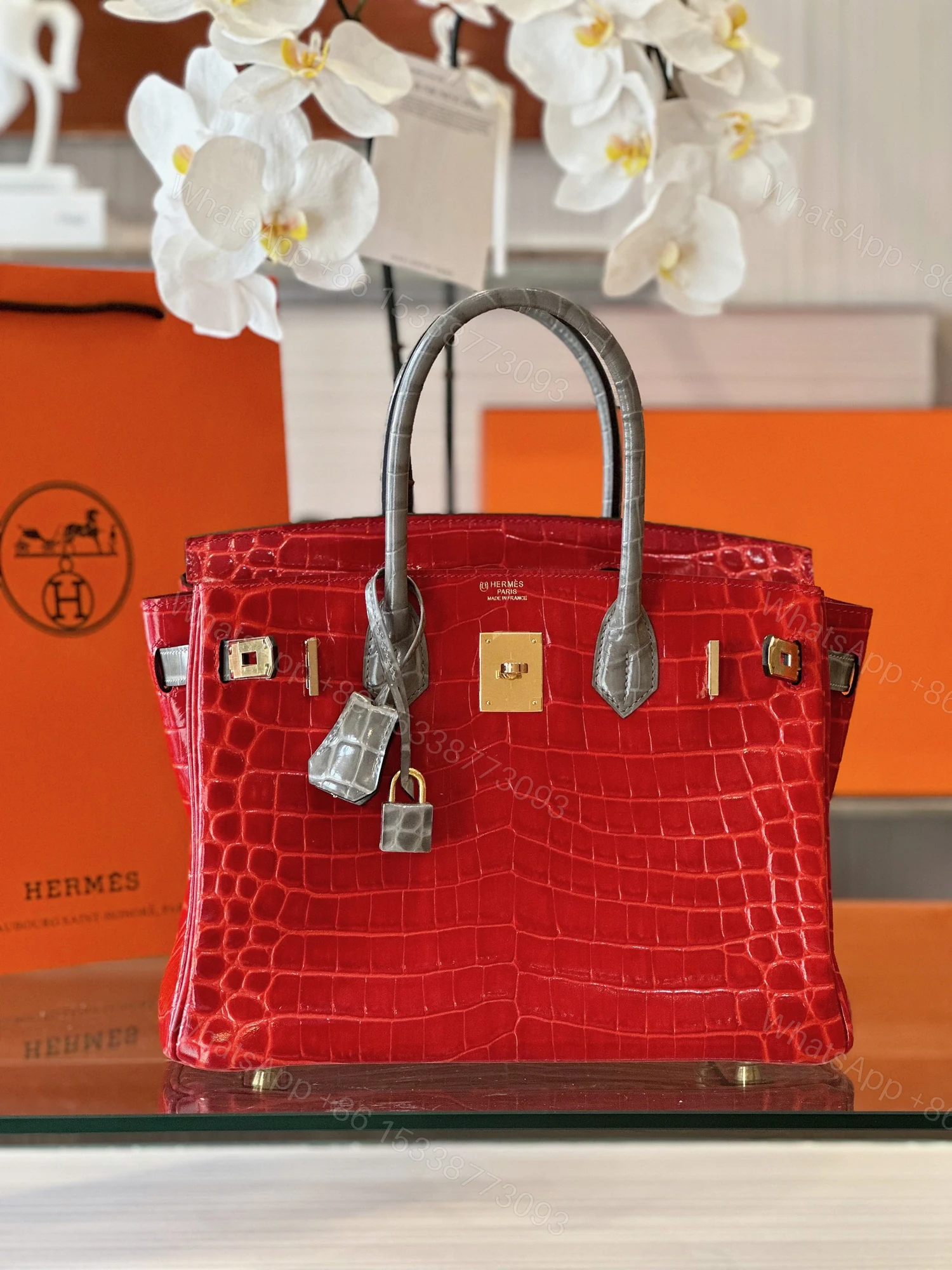 View 2 of Hermes Birkin 30 Red/Liam Blue Genuine Crocodile Leather Gold Hardware. – Custom Made