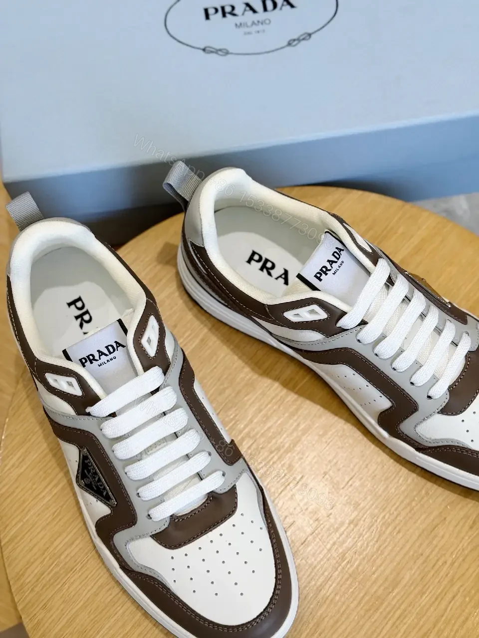 View 10 of White Brown Leather Sneaker with 3D Prada Logo, Lightweight Casual Shoes