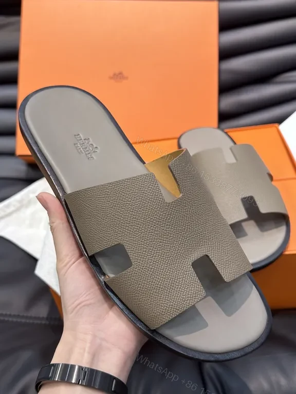 View 5 of Hermes Oran H-Cutout Leather Sandal â€“ Taupe Calfskin Luxury