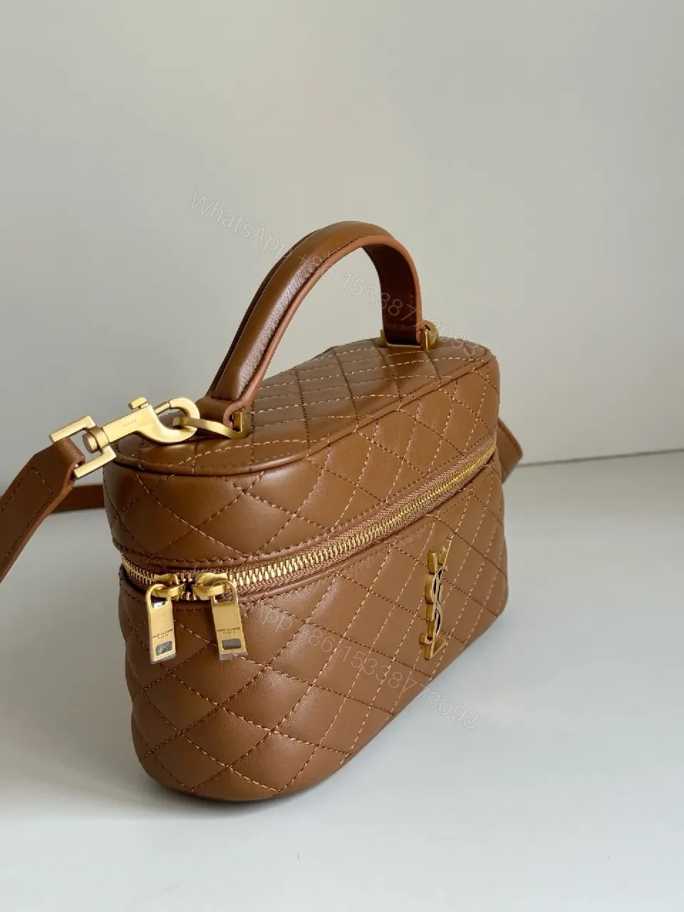 View 9 of Quilted Tan Mini Bag with Gold Hardware, Crossbody Style