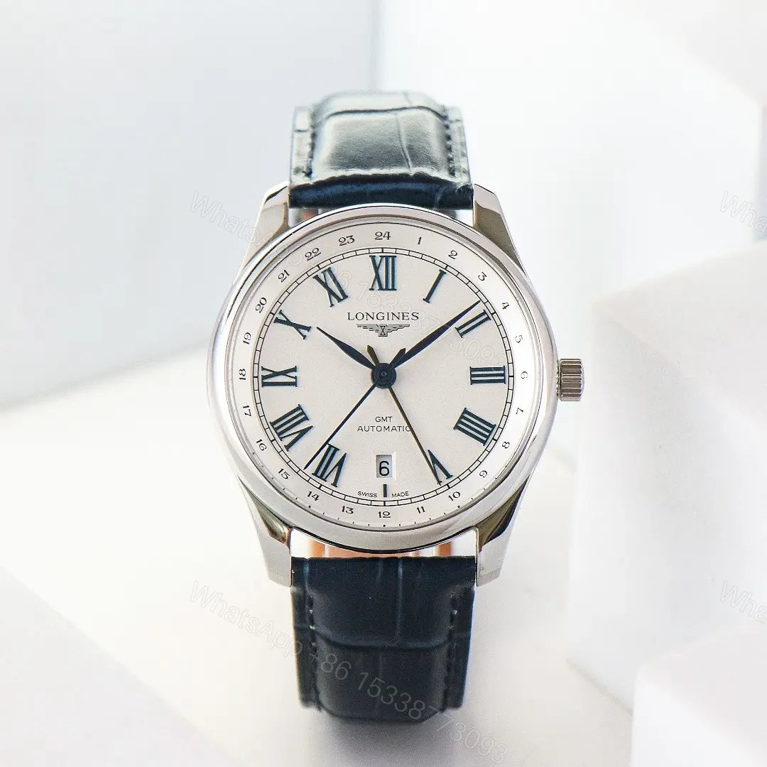 View 4 of Longines Master Classic Reproduction GMT Dual Time Watch White Dial Black Leather Strap Roman Numerals