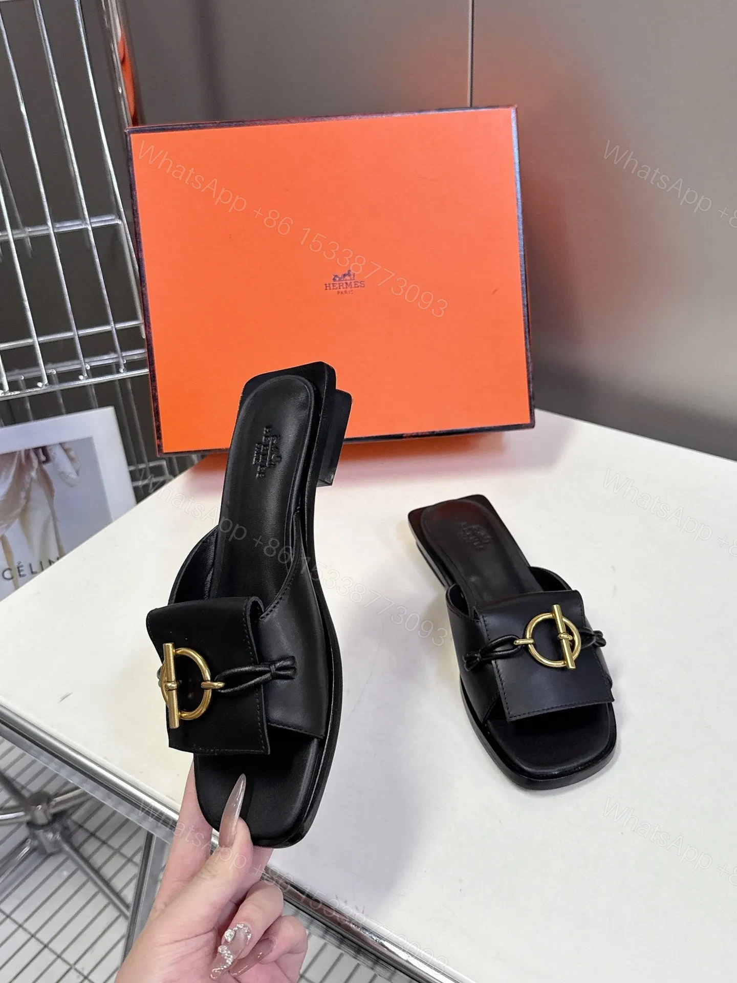 View 5 of Hermes Women Black Leather Slippers