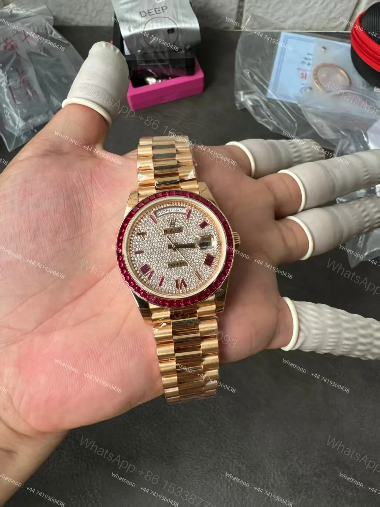 View 19 of Rolex Day-Date 228398TRU 1:1 Custom Edition Ruby & Moissanite Diamond Dial and Bezel 40MM 3255 Movement Super Clone Watch
