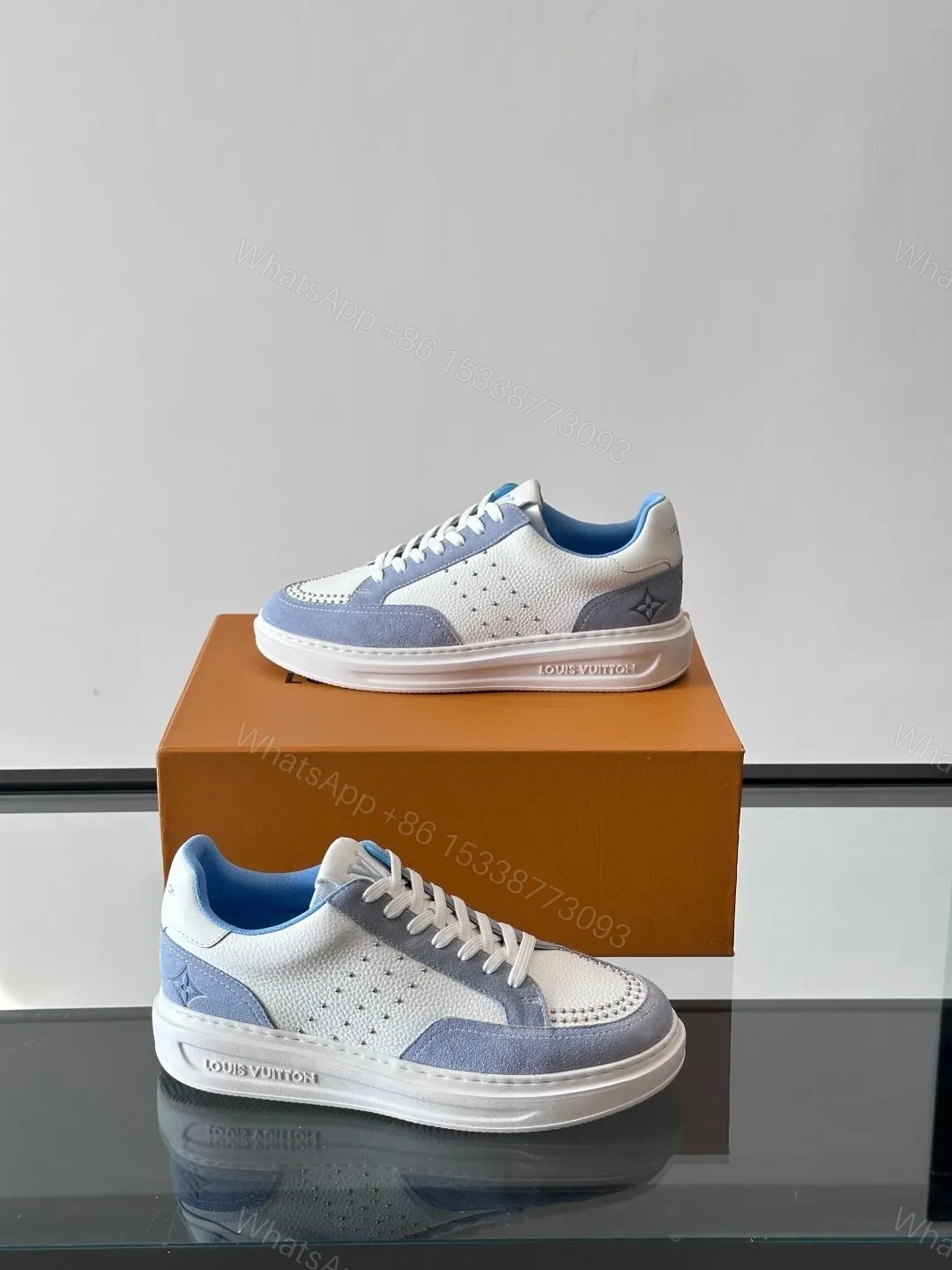 View 4 of LV Men White Blue Leather Suede Sneakers