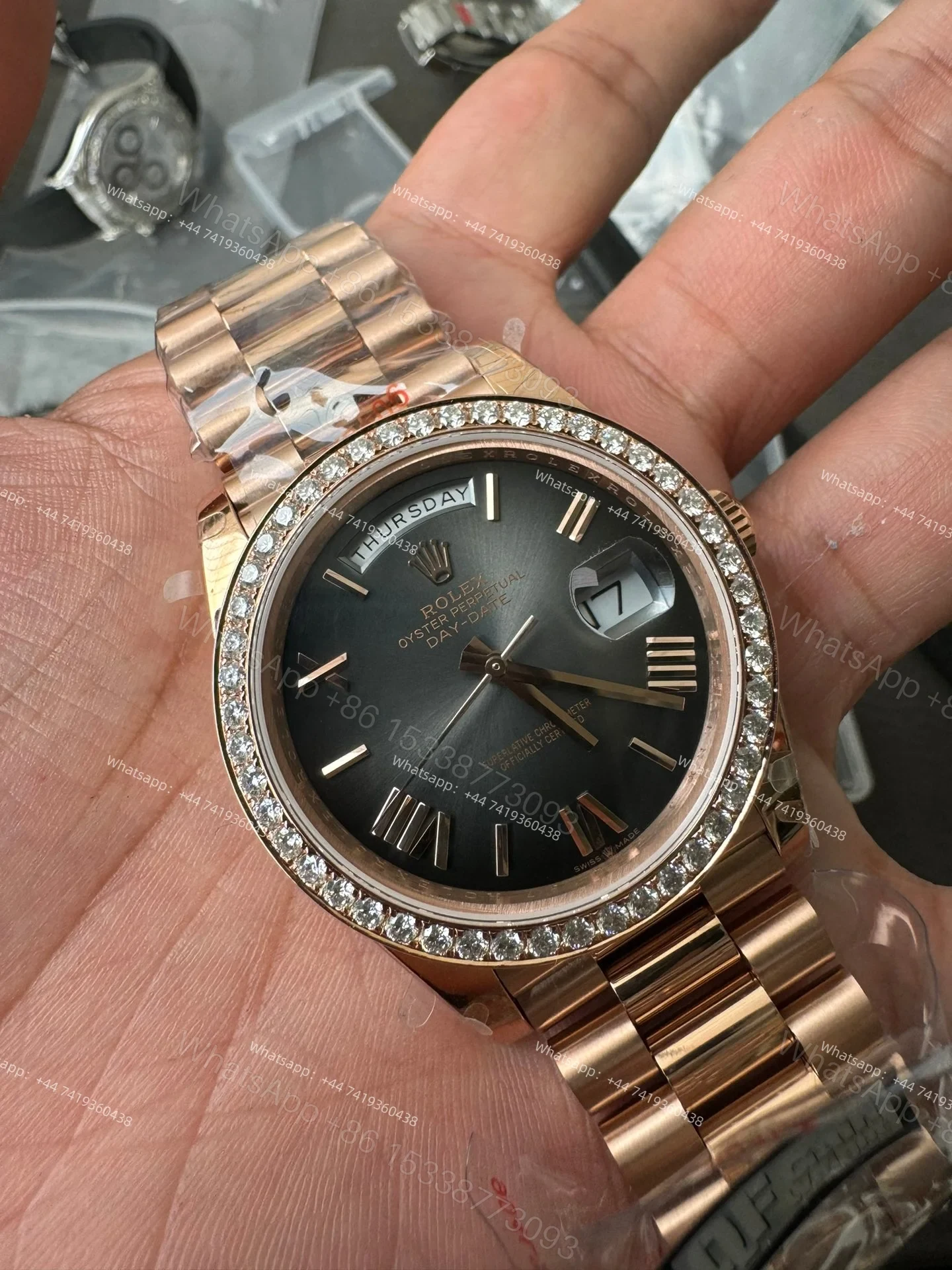 View 5 of Rolex Day-Date M228345RBR-0025 1:1 Replica Gradient Slate Gray Dial Moissanite Bezel 40MM 3255 Movement Super Clone Watch