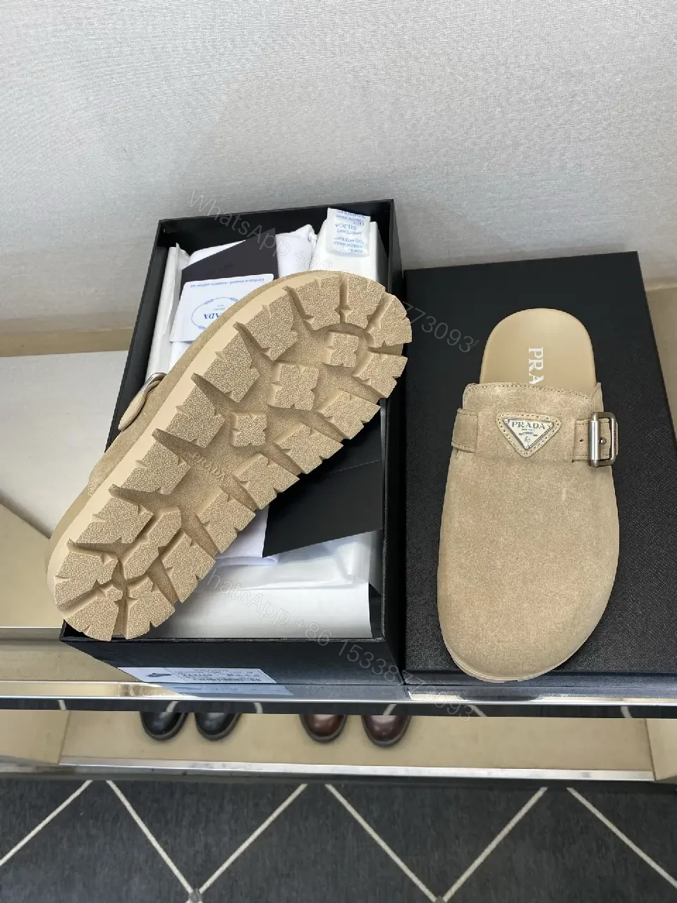 View 2 of Beige Suede Leather Prada Logo Mule Slippers