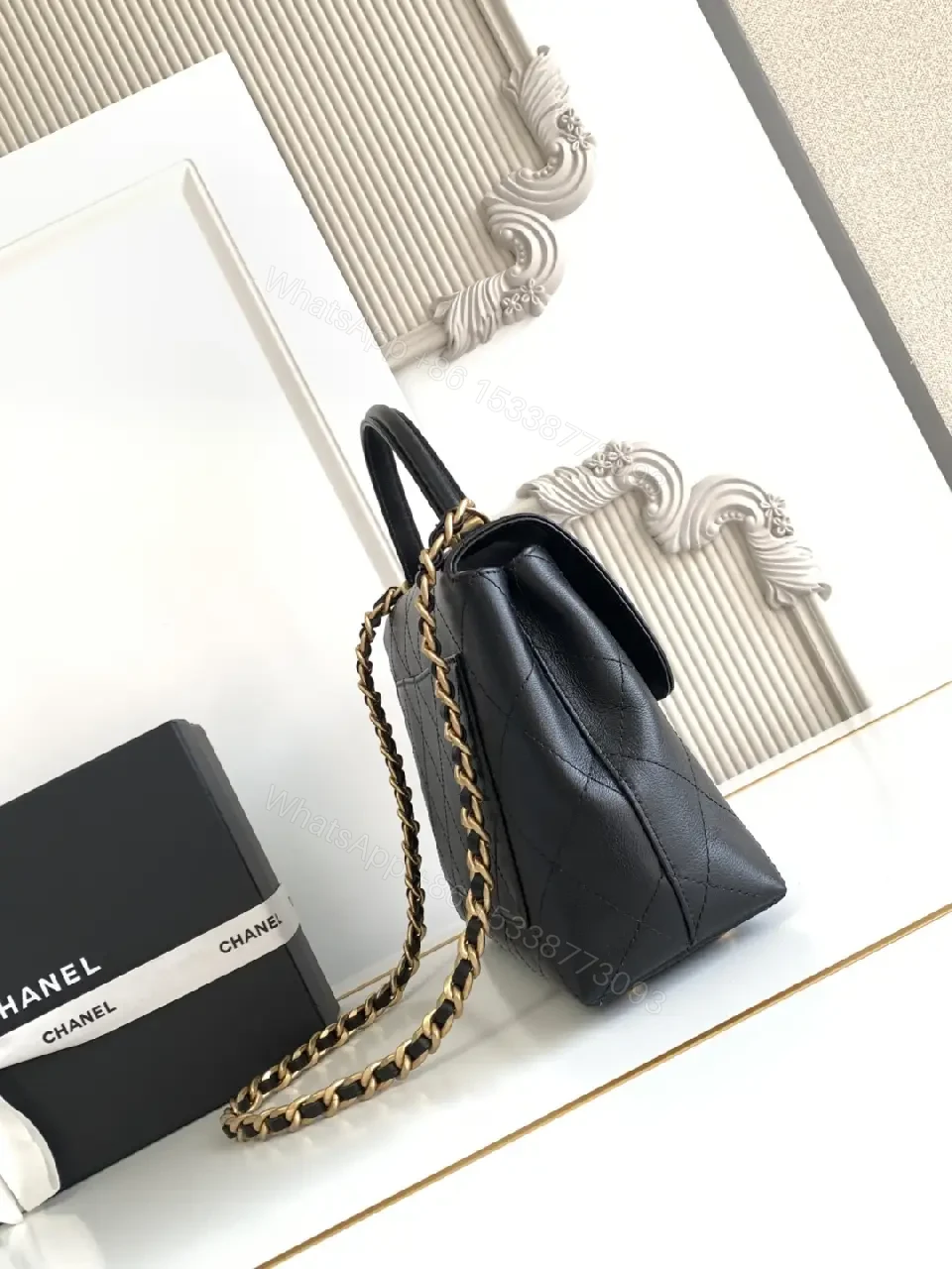 View 4 of Compact Quilted Black Leather Flap Bag with Chain Strap