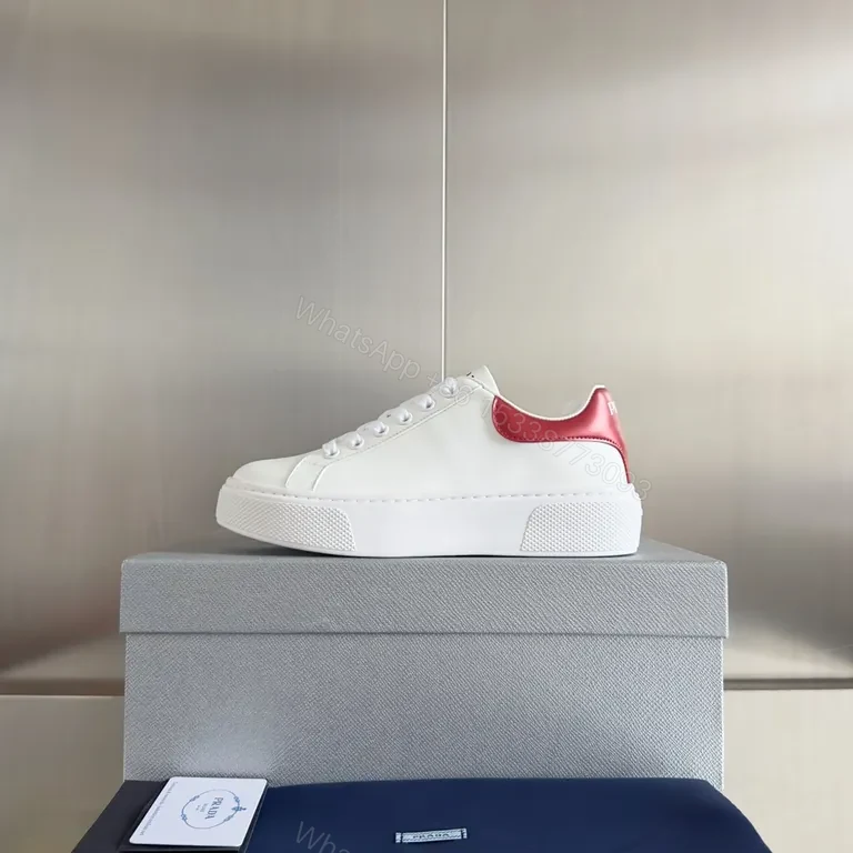 View 5 of Minimalist White-Red Leather Sneakers with Prada Touch