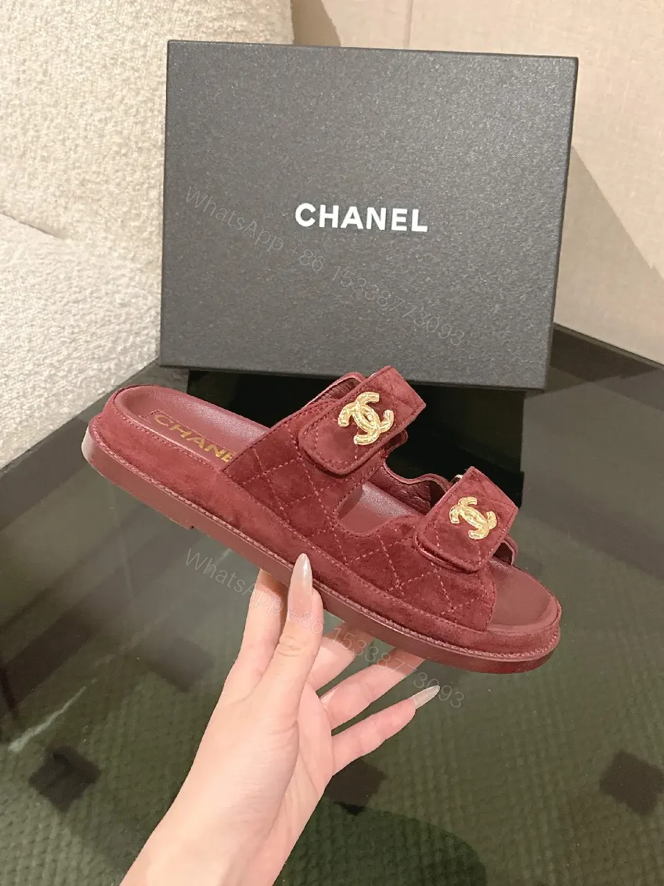 View 2 of Velvet Burgundy Slide Sandals – Luxe Comfort, Gold Hardware