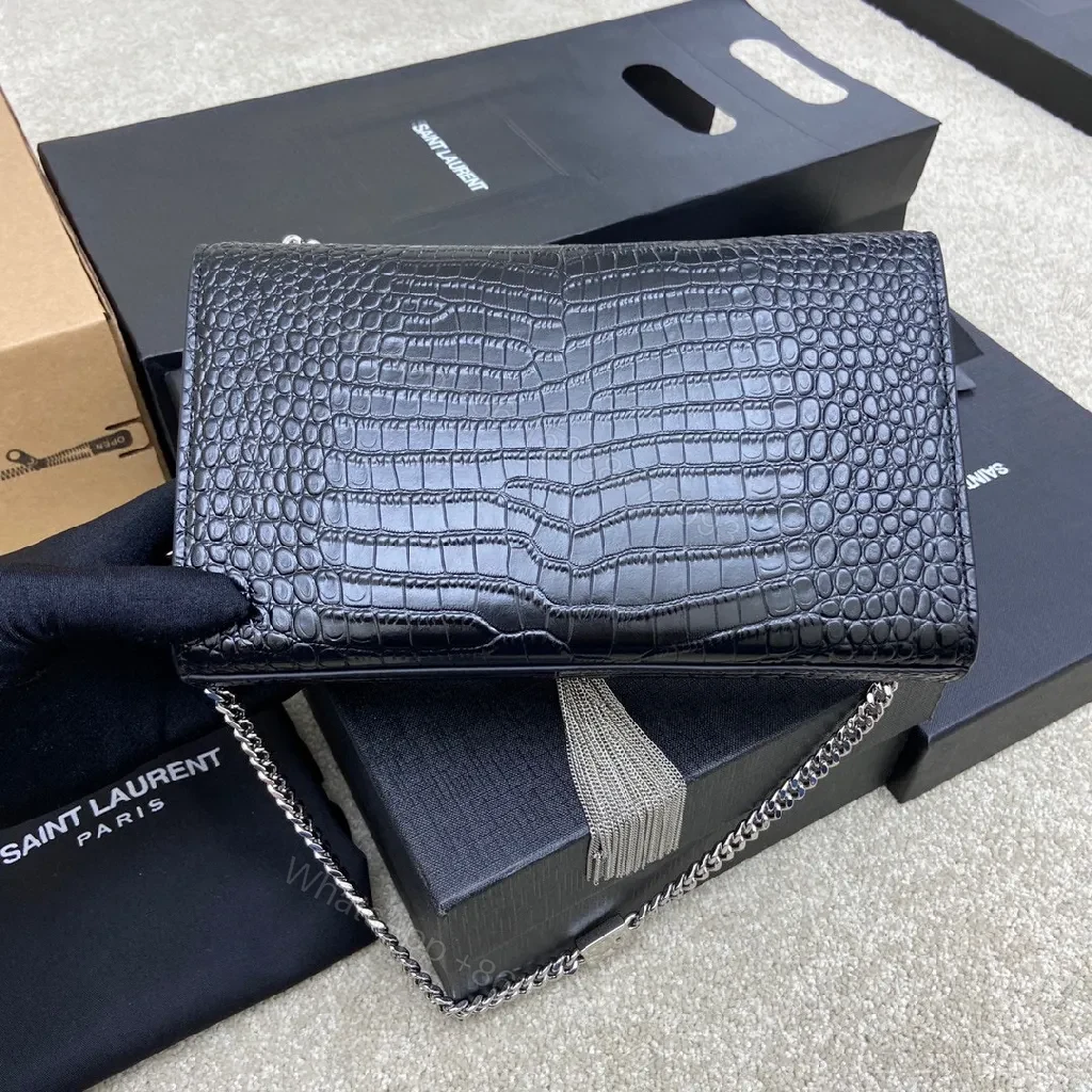 View 9 of Crocodile-Textured Leather Crossbody with Logo Clasp