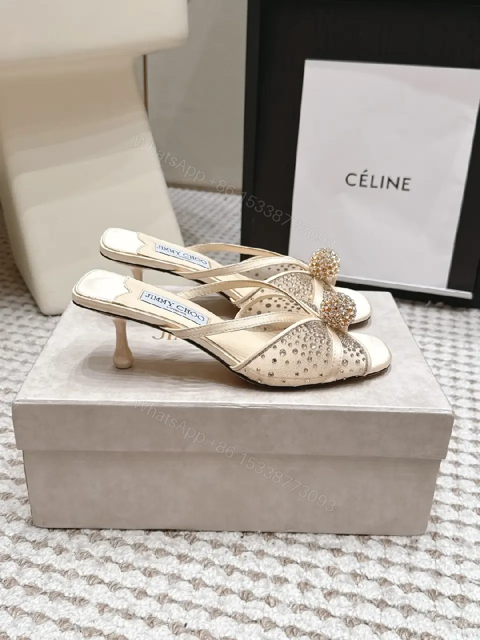 View 10 of Cream satin crystal-embellished kitten-heel sandals for luxury occasions