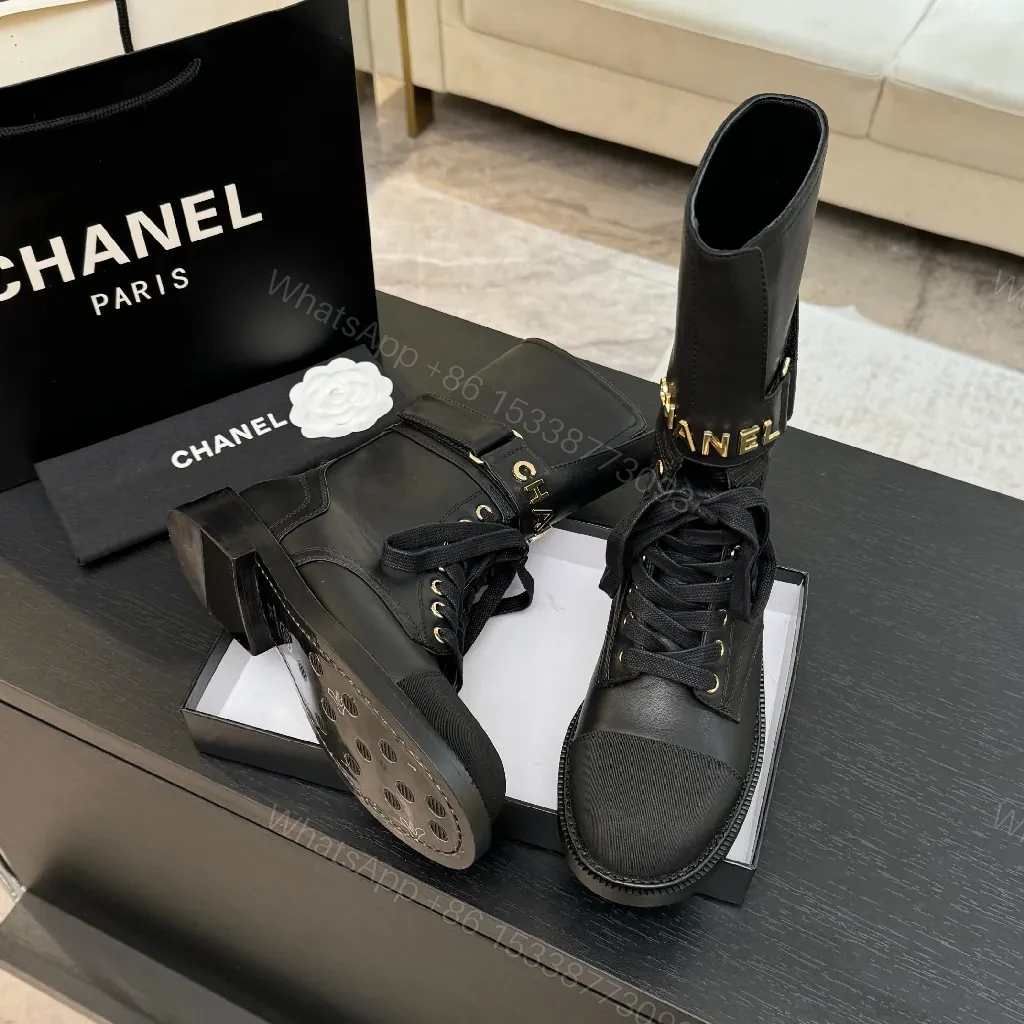 View 8 of Chic Black Combat Boots with Gold Detailing - High-Top Style