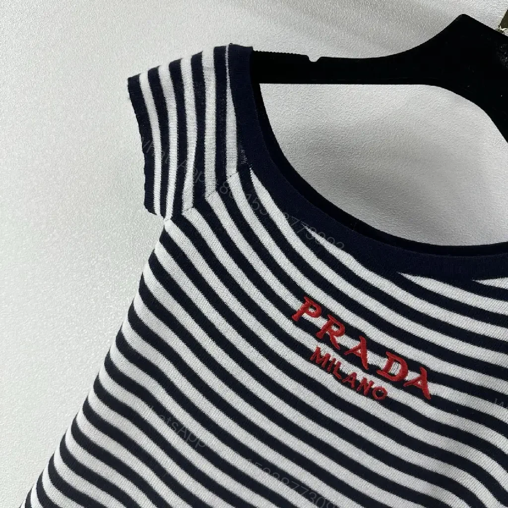 View 7 of Navy Stripe Cropped Tee with Embroidered Prada Milano Text