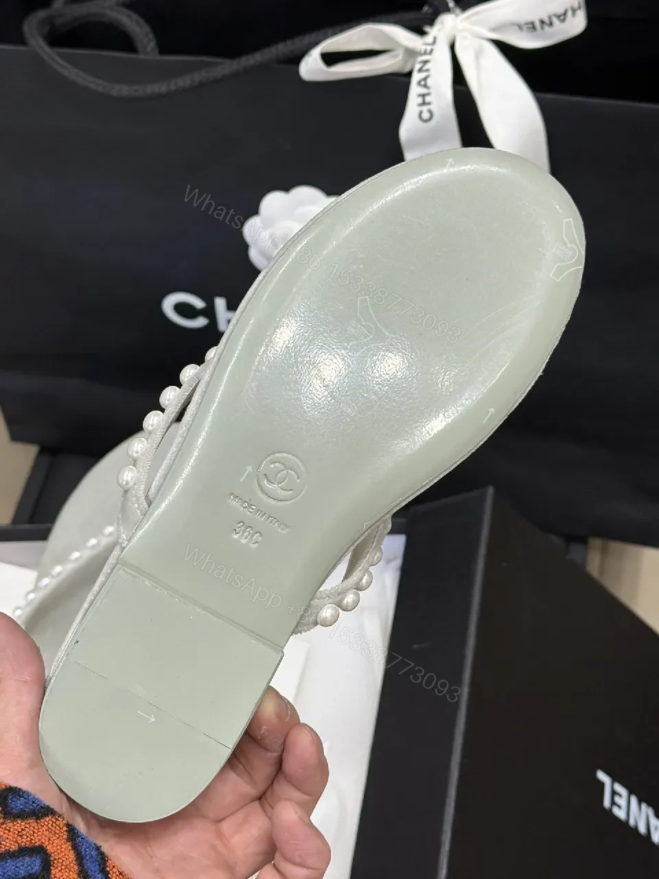 View 4 of Pearl-Embellished Light Gray Suede-Flip Sandals with Logo