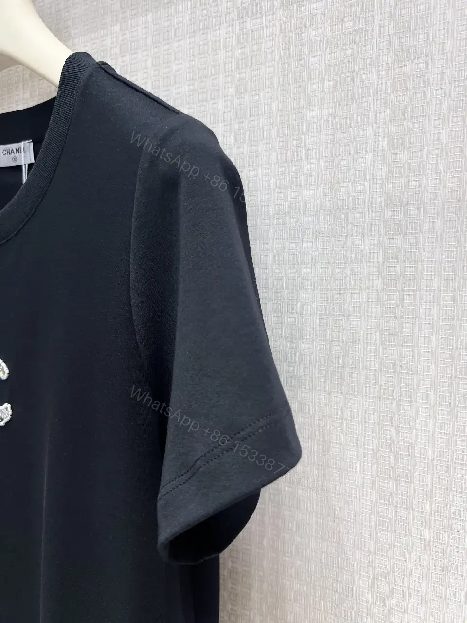 View 2 of Black Cotton T-Shirt with Embroidered Logo Chanel Style Tee