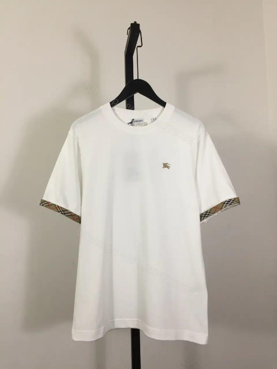 View 7 of White Cotton T-Shirt with Plaid Trim, Crewneck, Short Sleeves