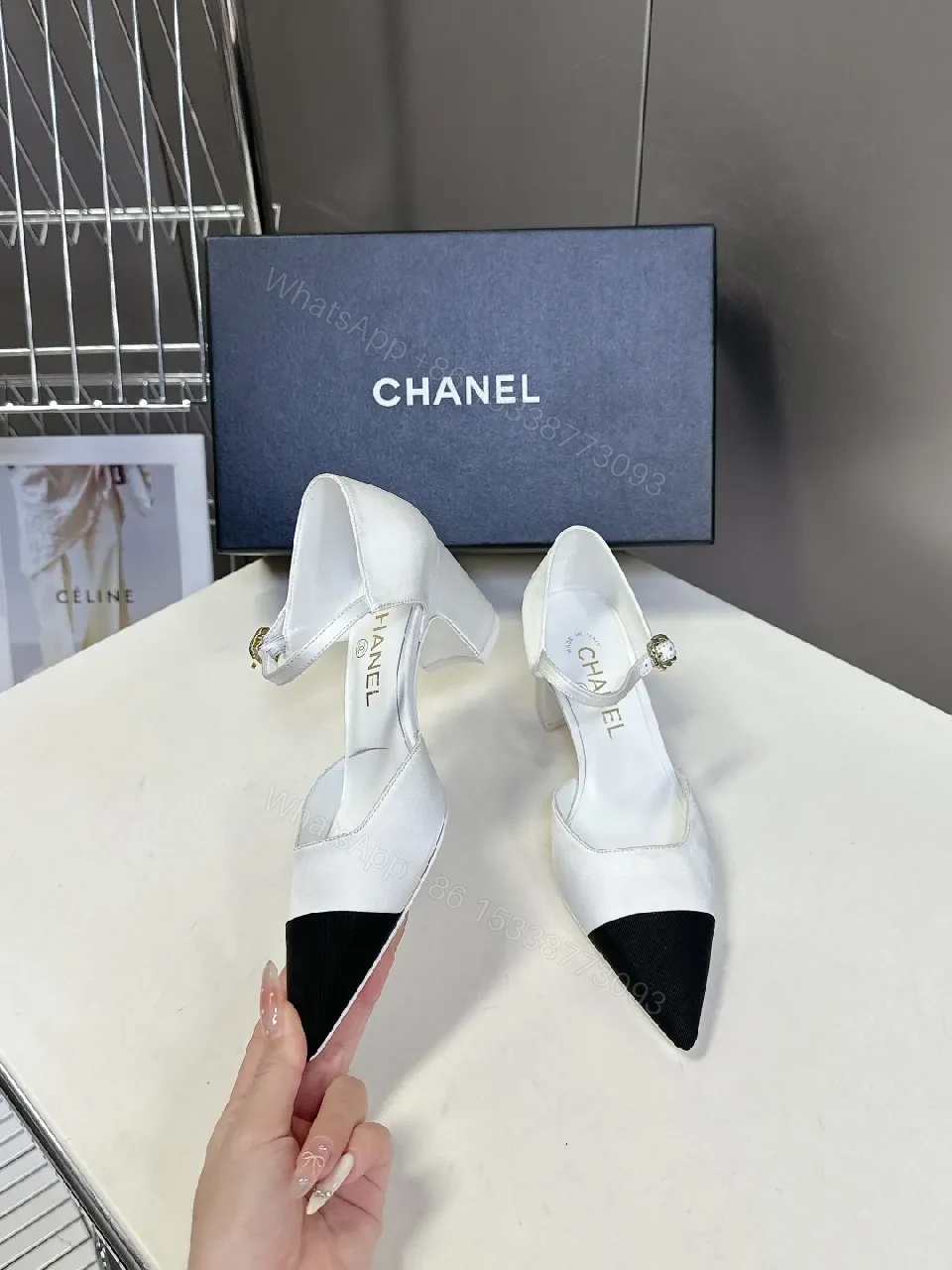 View 2 of White & Black Pointed-Toe Heel with Ankle Strap - Designer-Inspired Luxe Heel