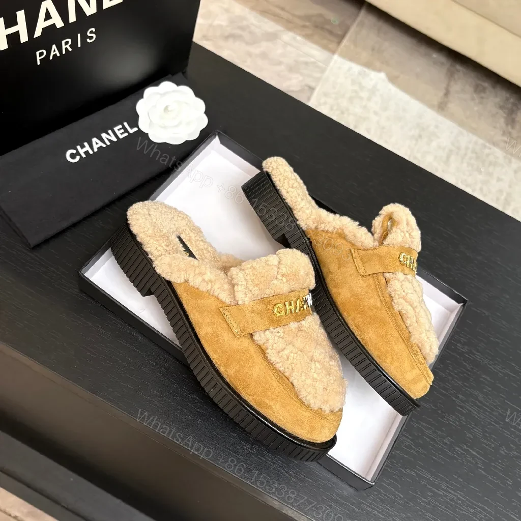 View 6 of Chic Shearling Mules: Gold Logo Slip-Ons, Camel Suede